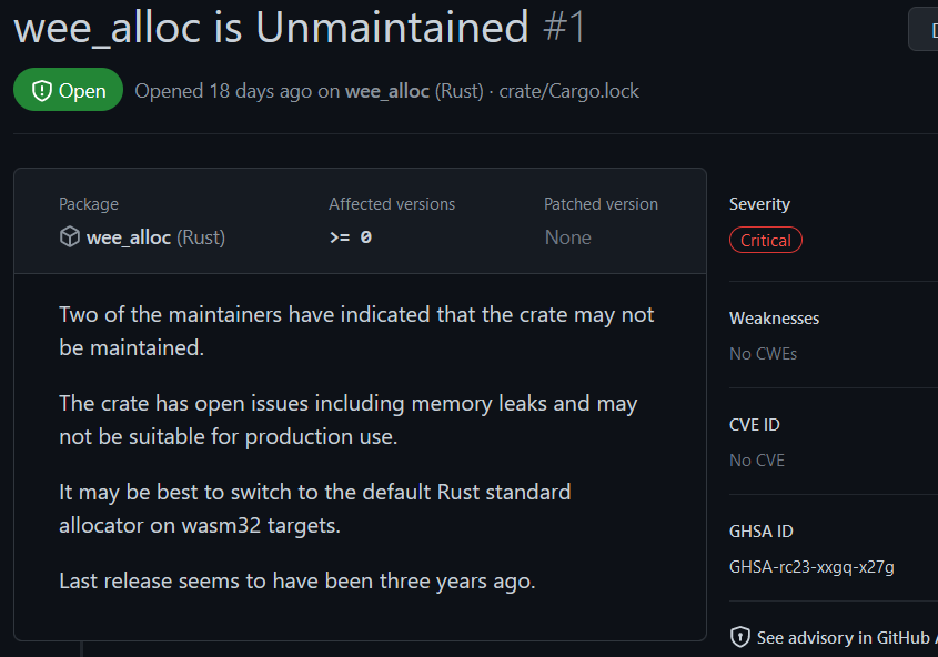 Dependabot alert for unmaintained wee_alloc